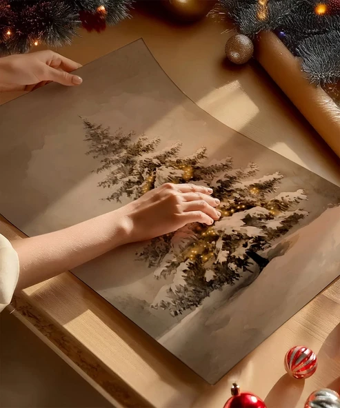 Çerçevesiz Poster Kar Kaplı Çam Ağacı - Resim 2