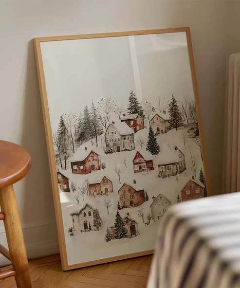 Çerçevesiz Poster Karlar Altında Sıcak Köy Evleri ürün görseli