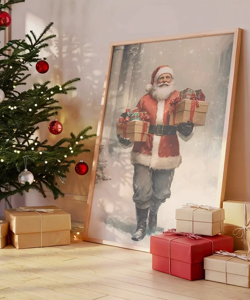 Çerçevesiz Poster Noel Baba ve Hediye Sepeti ürün görseli