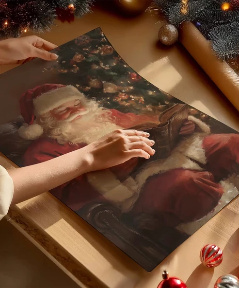 Çerçevesiz Poster Noel Baba ve Kitabı - Resim 2