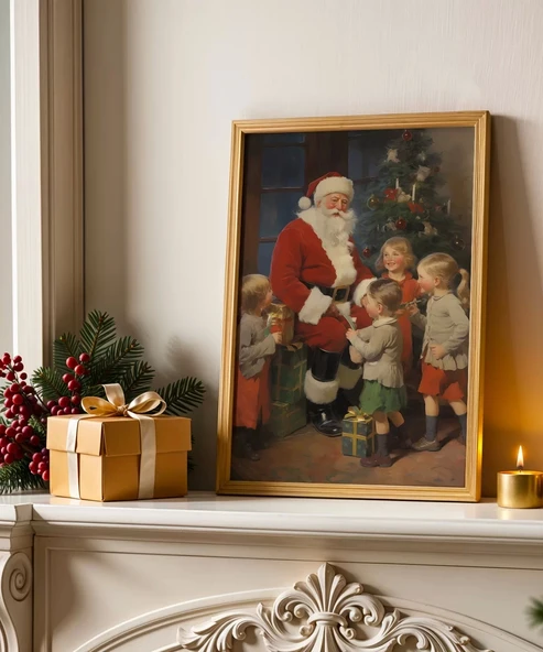 Çerçevesiz Poster Mutlu Çocuklar ve Noel Baba ürün görseli