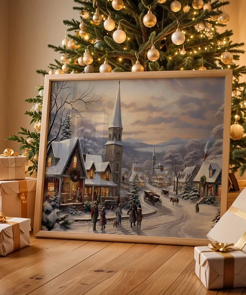 Çerçevesiz Poster Kış Köyünde Yılbaşı Akşamı ürün görseli