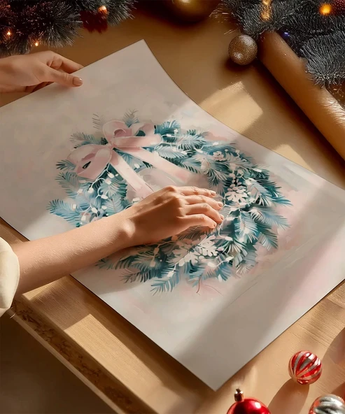 Çerçevesiz Poster Pastel Tonlarda Zarif Yılbaşı Çelengi - Resim 3