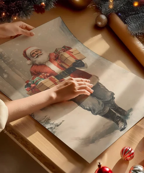 Çerçevesiz Poster Noel Baba ve Hediye Sepeti - Resim 2