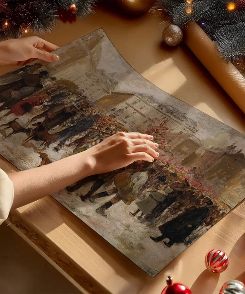 Çerçevesiz Poster Karlı Şehirde İnsanlar - Resim 2