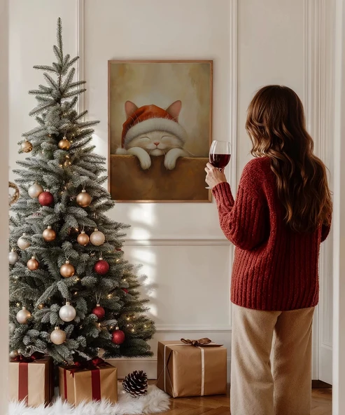 Çerçevesiz Poster Noel Şapkasıyla Mutlu Kedi ürün görseli