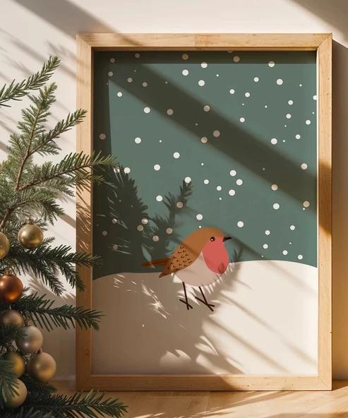 Çerçevesiz Poster Kış Temalı Robin Kuşu ürün görseli
