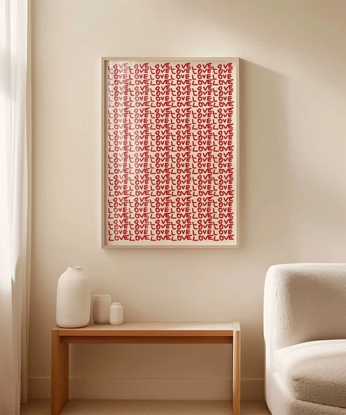 Çerçevesiz Poster Kırmızı Love Yazılı Tekrarlı Desen - Resim 3