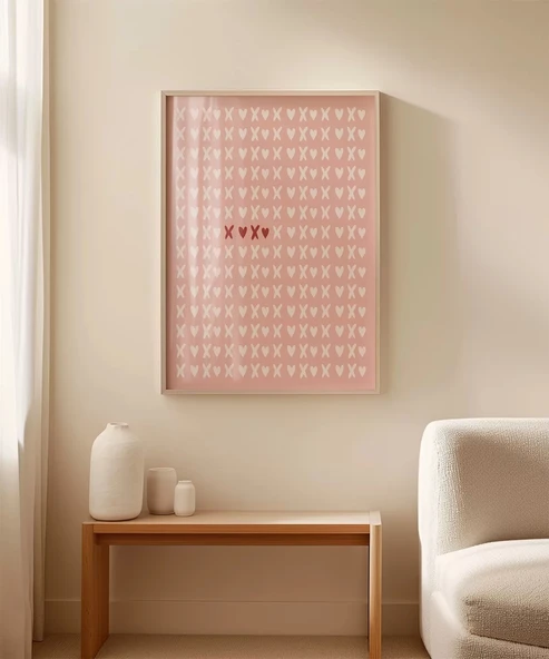 Çerçevesiz Poster Pembe Zemin Üzerinde Kalpler ve Çarpılar Desenli - Resim 3