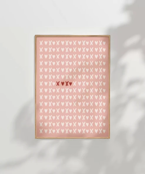 Çerçevesiz Poster Pembe Zemin Üzerinde Kalpler ve Çarpılar Desenli - Resim 6