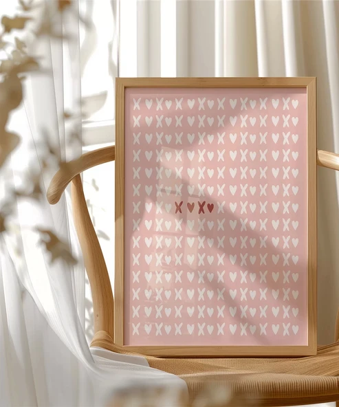 Çerçevesiz Poster Pembe Zemin Üzerinde Kalpler ve Çarpılar Desenli - Resim 4