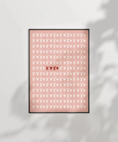 Çerçevesiz Poster Pembe Zemin Üzerinde Kalpler ve Çarpılar Desenli ürün görseli