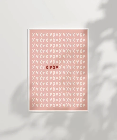 Çerçevesiz Poster Pembe Zemin Üzerinde Kalpler ve Çarpılar Desenli - Resim 7