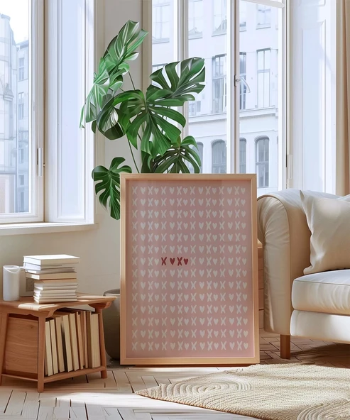 Çerçevesiz Poster Pembe Zemin Üzerinde Kalpler ve Çarpılar Desenli - Resim 5