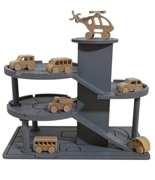 MDF Üç Katlı Boyalı Oyuncak Otopark Garaj Seti