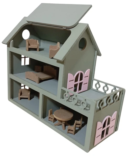 Boyalı Ahşap Çatısı Açılır Oyuncak Barbie Evi (aksesuarlı) - 2