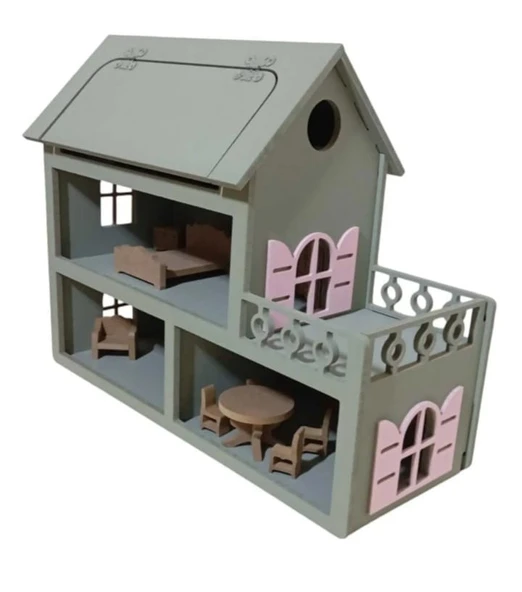 Boyalı Ahşap Çatısı Açılır Oyuncak Barbie Evi (aksesuarlı)