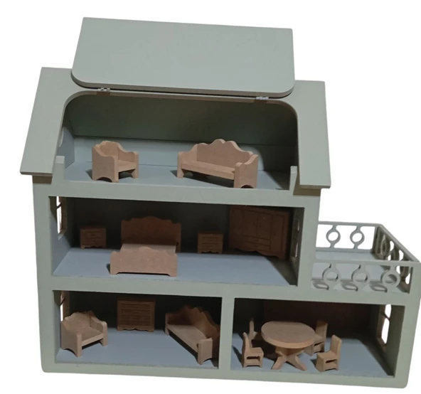 Boyalı Ahşap Çatısı Açılır Oyuncak Barbie Evi (aksesuarlı) - 5