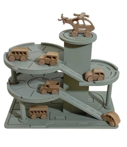 Ahşap Üç Katlı Oyuncak Otopark Garaj Seti