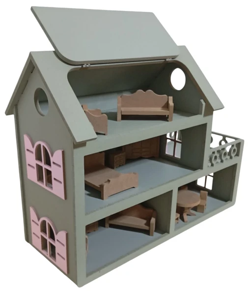 Boyalı Ahşap Çatısı Açılır Oyuncak Barbie Evi (aksesuarlı) - 4