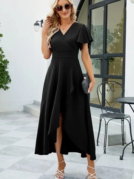 Kadın Kısa Kollu Kruvaze Yakalı önden Volanlı çapraz Kesim Detaylı Maksi Boy Ithal Krep Elbise - Resim 2