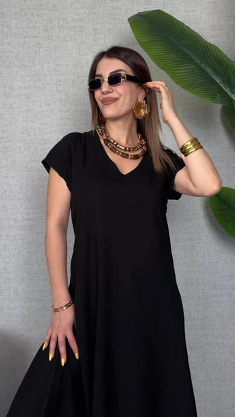 Kadın Kısa Kollu V Yaka Salaş Maxi Boy Elbise - Resim 4