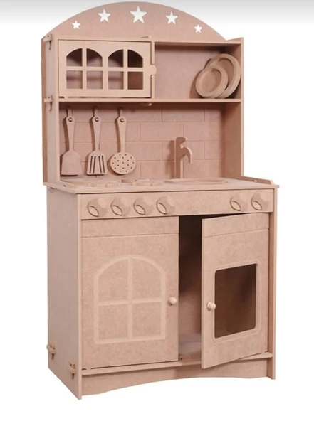 Ahşap MDF 2 Kapaklı Montessori Eğitici Oyuncak Mutfak Seti - 3