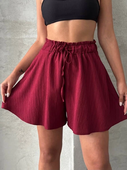 Volanlı keten şort bordo s255058 ürün görseli 1
