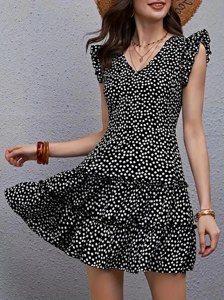 Kadın Kısa Kollu V Yakalı Desenli Fırfırlı Süprem Elbise ürün görseli