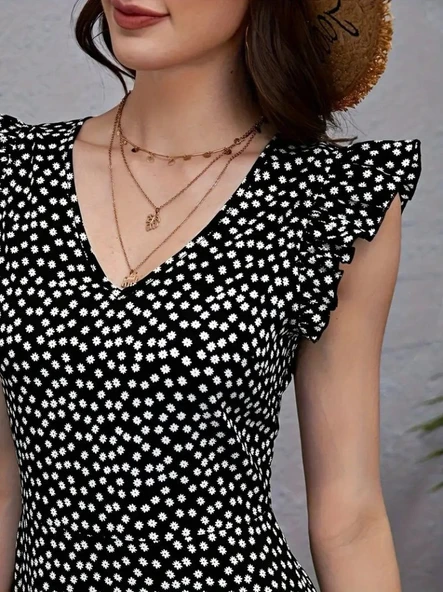 Kadın Kısa Kollu V Yakalı Desenli Fırfırlı Süprem Elbise - Resim 3