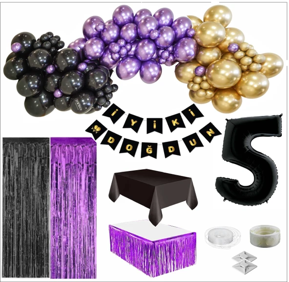 5 Yaş Siyah, Gold, Mor Balon, Siyah-Gold Doğum Günü Seti ürün görseli 1