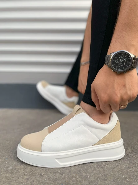 JET-007 Alba Bağcıksız Süet Cilt Erkek Günlük Sneaker Ayakkabı SCBT Bej/Beyaz - Resim 3