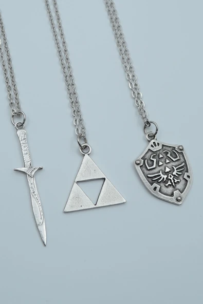 3'lü The Legen Of Zelda Kalkan Zelda Kılıç Üçgen Gümüş Kaplama Kolye Seti - 1