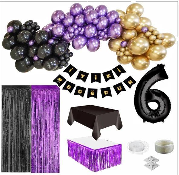 6 Yaş Siyah, Gold, Mor Balon, Siyah-Gold Doğum Günü Seti ürün görseli