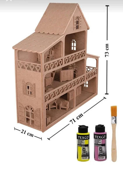 Ahşap Oyuncak Barbie Evi ( 15 Adet Minyatür Mobilya Takımı Hediyeli )