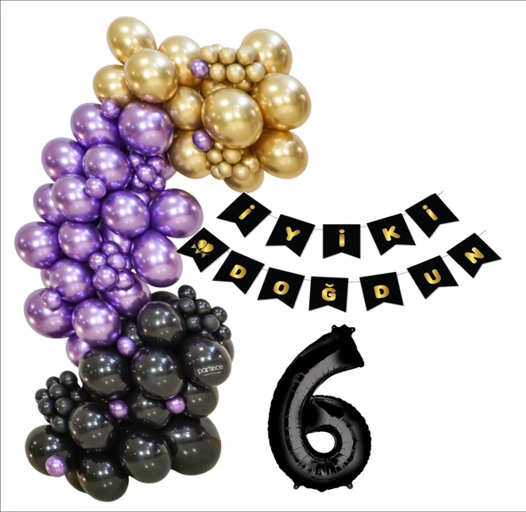 6 Yaş Siyah, Gold, Mor Balon+Banner Seti ürün görseli