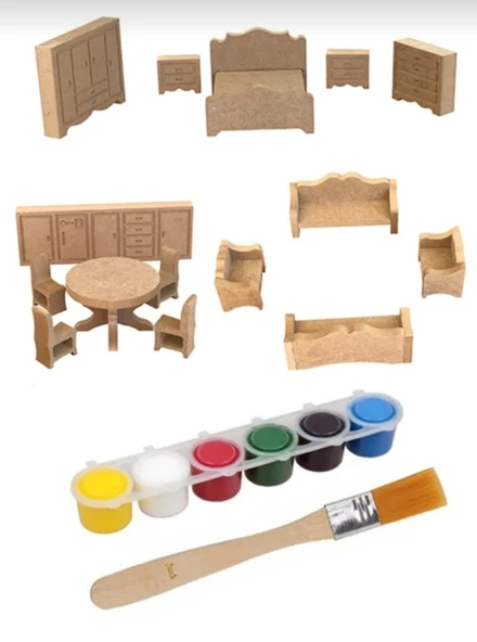 Boyanabilir Ahşap Oyuncak 15 Adet Minyatür Mobilya Takımı 6 Lı Boya Seti Ve Fırça Hediyeli