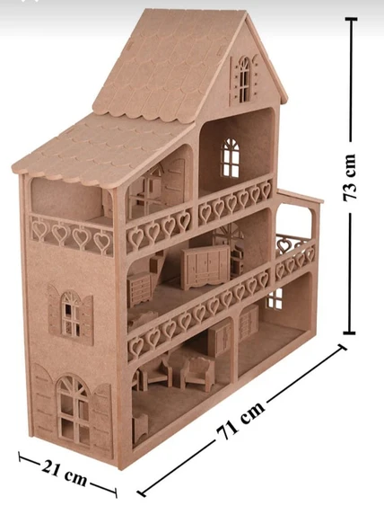 Ahşap Oyuncak Barbie Evi ( 15 Adet Minyatür Mobilya Takımı Hediyeli ) - 2