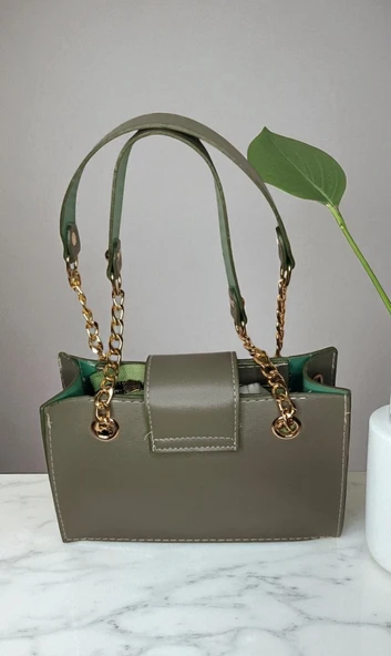 Kadın Ayarlanabilir Askılı Suni Deri Kapağı Harf Detaylı Haki El ve Omuz Çantası - 2