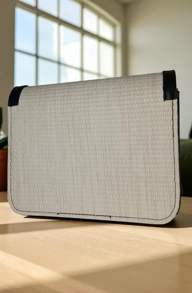 Kadın Ayarlanabilir Askılı Kenarları Şeritli Hasır El Ve Omuz Çantası - 2