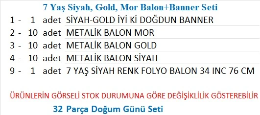 7 Yaş Siyah, Gold, Mor Balon+Banner Seti - Resim 2
