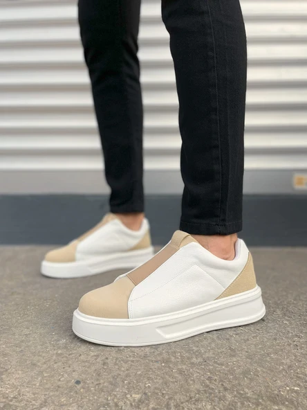 JET-007 Alba Bağcıksız Süet Cilt Erkek Günlük Sneaker Ayakkabı SCBT Bej/Beyaz - Resim 2