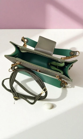 Kadın Ayarlanabilir Askılı Suni Deri Kapağı Harf Detaylı Haki El ve Omuz Çantası - 3