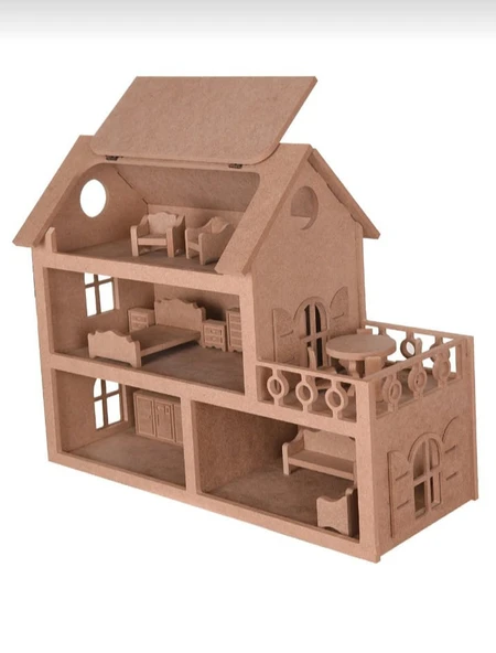 Ahşap Oyuncak Barbie Evi ( 15 Adet Minyatür Mobilya Takımı Hediyeli ) - 4