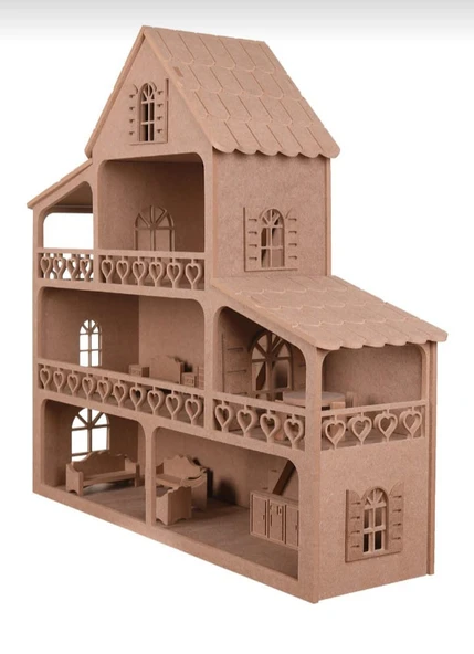 Ahşap Oyuncak Barbie Evi ( 15 Adet Minyatür Mobilya Takımı Hediyeli ) - 4