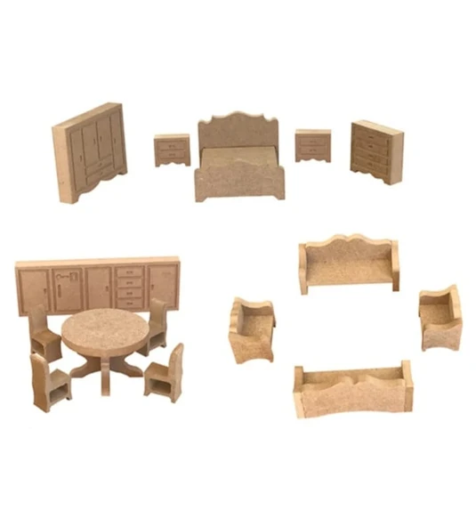 Boyanabilir Ahşap Oyuncak 15 Adet Minyatür Mobilya Takımı 6 Lı Boya Seti Ve Fırça Hediyeli - 2