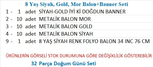 8 Yaş Siyah, Gold, Mor Balon+Banner Seti - Resim 2