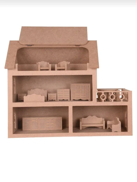 Ahşap Oyuncak Barbie Evi ( 15 Adet Minyatür Mobilya Takımı Hediyeli ) - 3