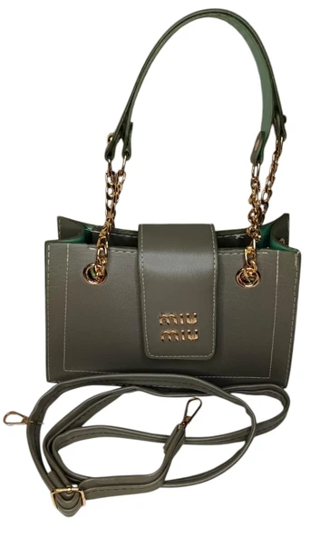 Kadın Ayarlanabilir Askılı Suni Deri Kapağı Harf Detaylı Haki El ve Omuz Çantası - 4