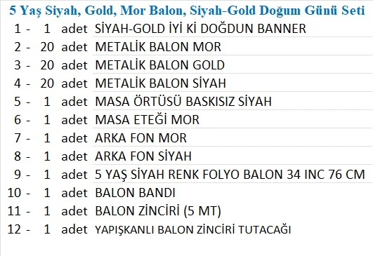 5 Yaş Siyah, Gold, Mor Balon, Siyah-Gold Doğum Günü Seti - Resim 2